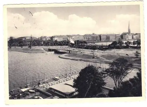 AK, Hamburg, Blick auf die Lombardsbrücken, 1954