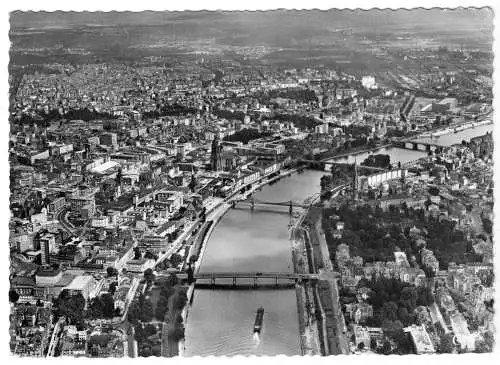 AK, Frankfurt am Main, Luftbildtotale mit Mainbrücken, Version 1, 1957