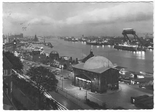 AK, Hamburg, St.-Pauli-Landungsbrücken und Elbtunnel, Nachtansicht, 1957