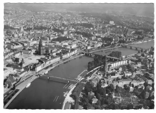 AK, Frankfurt am Main, Luftbildtotale mit Mainbrücken, Version 2, 1957