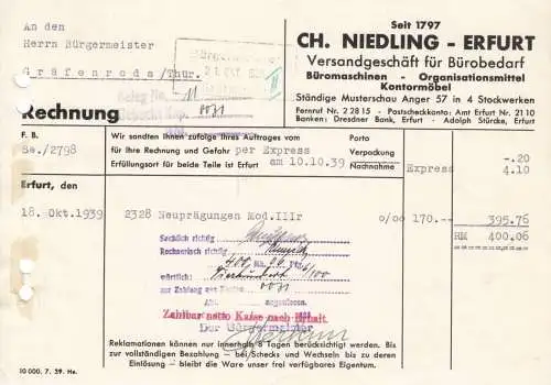 Rechnung, Fa. Ch. Niedling - Erfurt, Versandgeschäft für Bürobedarf, 10.10.39