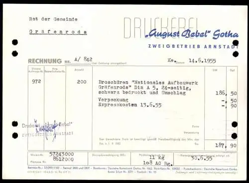 Rechnung, Druckerei "August Bebel", Gotha, Zweigbetrieb Arnstadt, 14.6.55
