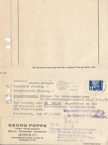 Rechnung, Fa. Georg Poppe, Röhren - Formstücke - Armaturen, Leipzig C 1, 16.7.53
