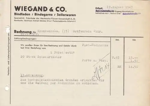 Rechnung, Fa. Wiegand & Co., Bindfaden, Bindegarne, Seilerwaren, Erfurt, 19.8.47