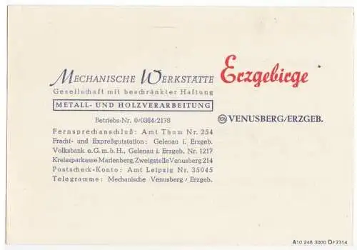 Vertreterkarte, Fa.Mechanische Werkstätte Erzgebirge, Venusberg Erzgeb., 1948