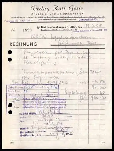 Rechnung, Verlag Kurt Görtz, Ansichts- und Bildpostkarten, Bad Frankenh. 19.3.55