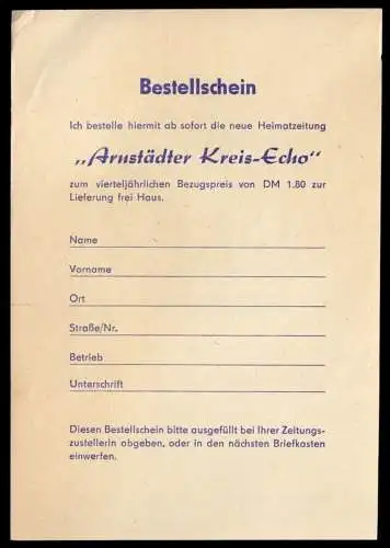 Arnstadt Thür., Bestellschein "Arnstädter Kreis-Echo", um 1962