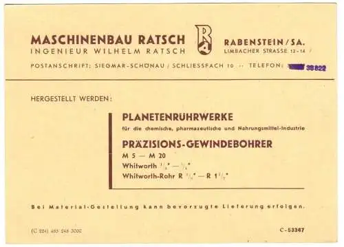 Vertreterkarte, Fa. Maschinenbau Ratsch, Rabenstein Sachs., 1948