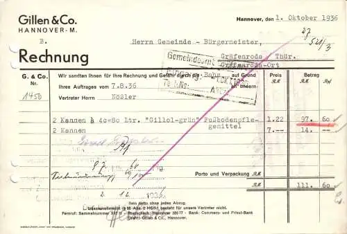 Rechnung, Fa. Gillen & Co., Hannover - M., 1936