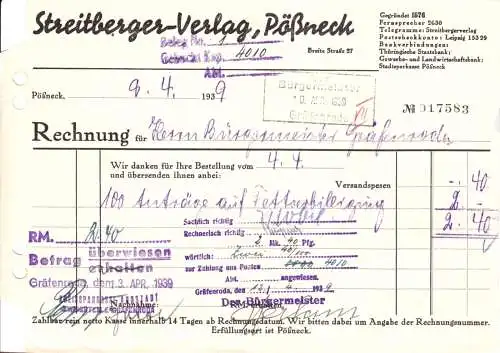 Rechnung, Streitberger-Verlag, Pößneck, 9.4.39