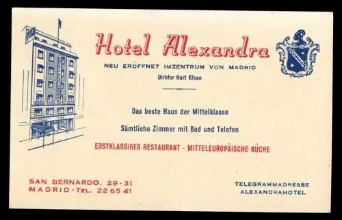 Hotelkarte, Hotel Alexandra, Madrid, San Bernado 29-31, um 1960