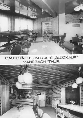 AK, Manebach Thür. Wald, Gaststätte und Café "Glückauf", zwei Abb., 1975