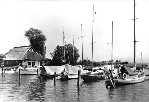 AK, Ostseebad Zinnowitz auf Usedom, Am Achterwasser, Segelboote am Steg, 1980