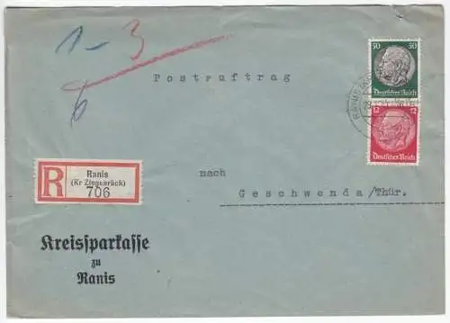 Bedarfsbeleg, R-Brief, DR 525 MiF 518, Ranis (Kr. Ziegenr.),29.1.41, Postauftr.