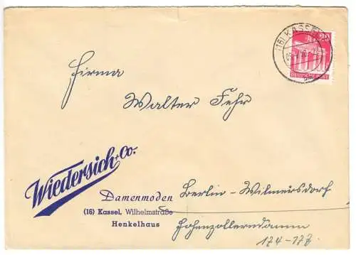 Bedarfspost, Mi.-Nr. BRD 85 eg, Fa. Wiedersich & Co., o (16) Kassel 7, 5.4.50