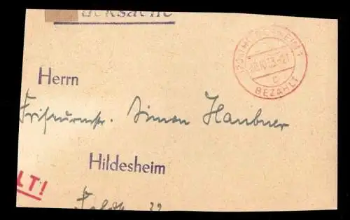 Briefstück, Gebühr-bezahlt-Stempel, (22a) Hildesheim 1, 30.10.53