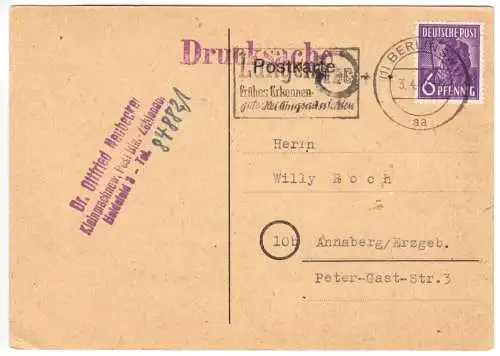 Drucksachenkarte, Mi.-Nr. Einheit 944  EF, interss. Absender, Berlin SW 11, 1948