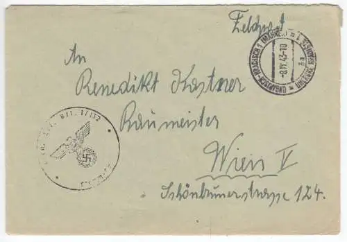 Feldpostbeleg, II. WK, Ungarisch-Kradisch 1 (Mähren), 8.IV.43
