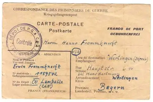Kriegsgefangenen-Postkarte, Depot de P.G.A. CXI, Lamballe Nr. 1, 2.2.47