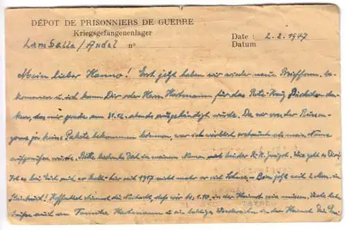 Kriegsgefangenen-Postkarte, Depot de P.G.A. CXI, Lamballe Nr. 1, 2.2.47