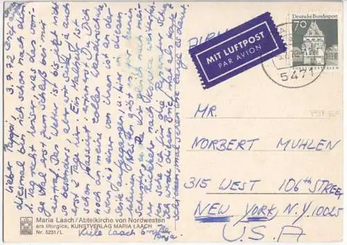 Bedarfspostkarte, Luftpost in USA, BRD, Michel 497, EF, o Maria Laach, 5.7.72