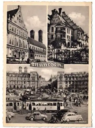 AK, München, drei Abb., belebt, u.a. Straßenbahn, 1957