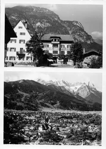 AK, Garmisch-Partenkirchen, zwei Abb., Bräustüberl, Totale, 1955, Echtfoto