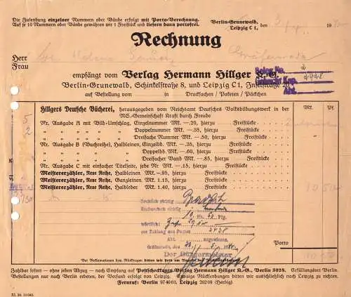 Rechnung, Verlag Hermann Hillger, Leipzig C 1, Inselstr. 20, 3.4.40