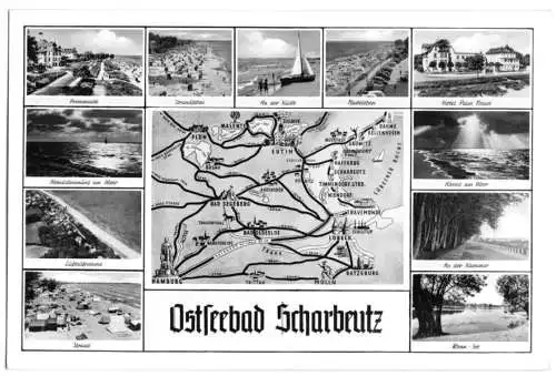 AK, Ostseebad Scharbeutz, 11 Mininasichten und Landkarte, 1954