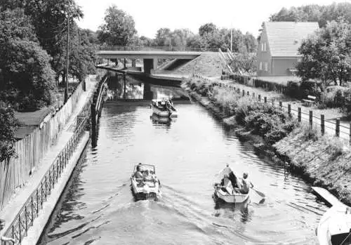 AK, Storkow Kr. Beeskow, Blick auf den Kanal, Boote, 1975