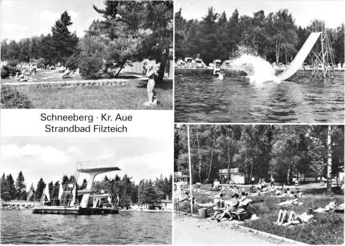 AK, Schneeberg Kr. Aue, Strandbad Filzteich, vier Abb., 1982