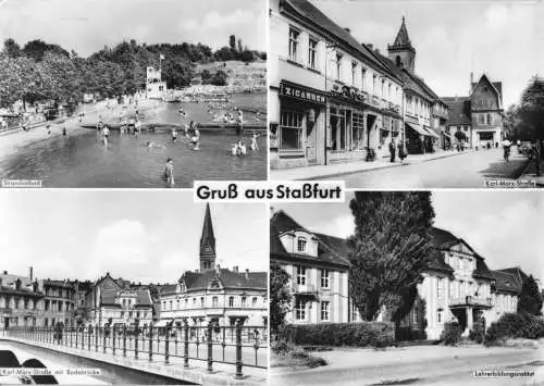 Ansichtskarte, Staßfurt, vier Abb., u.a. Karl-Marx-Str., 1963