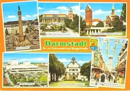 Ansichtskarte, Darmstadt, 6 Abb., u.a. Staatstheater, ca. 1983
