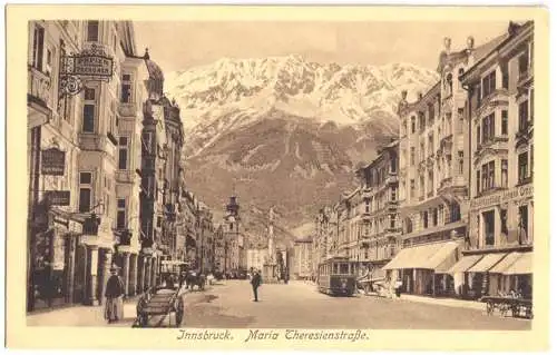 AK, Innsbruck, Maria-Theresienstr. mit Straßenbahn 1918
