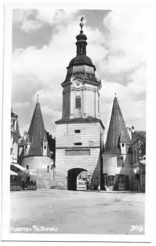 Ansichtskarte, Krems a. d. Donau, Straßenpartie mit Turm, 1931