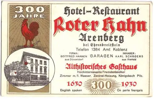 Werbekarte, Arenberg b. Ehrenbreitstein, 300 Jahre Hotel "Roter Hahn", 1930