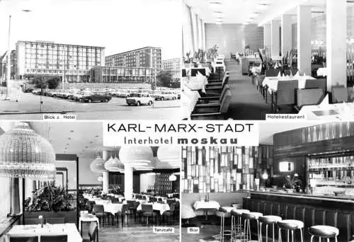 Ansichtskarte, Karl-Marx-Stadt, Interhotel Moskau, vier Abb., 1977
