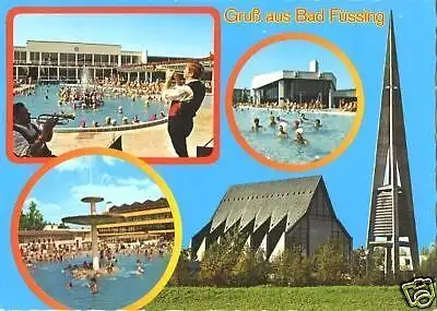 Ansichtskarte, Bad Füssing, vier Abb., Bad und Kirche, 1983