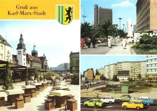 Ansichtskarte, Karl-Marx-Stadt, drei Abb., 1988