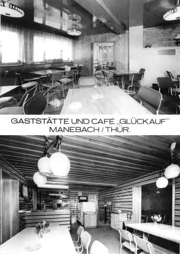 AK, Manebach Thür., Kr. Ilmenau, Gaststätte und Café "Glückauf", zwei Abb., 1975