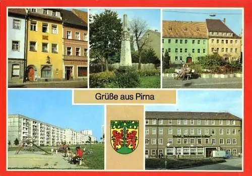 AK, Pirna, 5 Abb., u.a. Postmeilensäule, 1985, Vers. 2