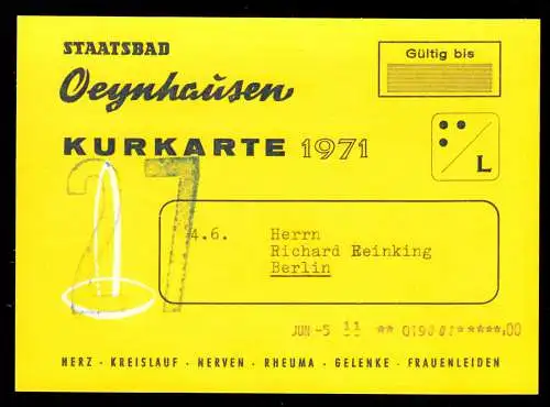 Kurkarte Bad Oeynhausen mit Hülle, 1971