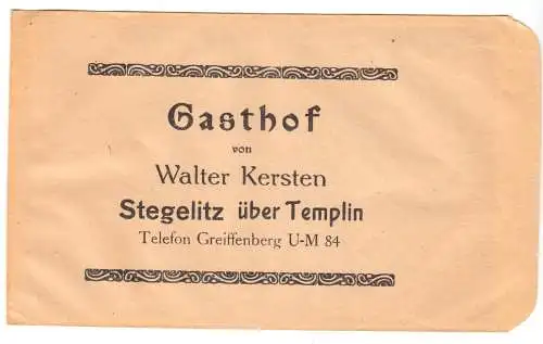 Tüte mit Werbeaufdruck, Gasthof v. Walter Kersten, Stegelitz üb. Templin, 1940er