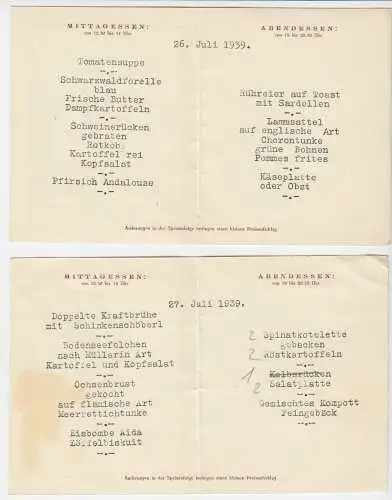 Wildbad im Schwarzwald, Hotel Quellenhof, zwei Menü-Karten, 1939