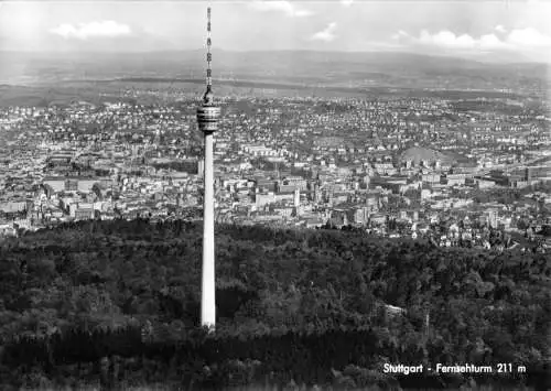 AK, Stuttgart, Luftbildansicht vom Fernseturm, Version 2, um 1958