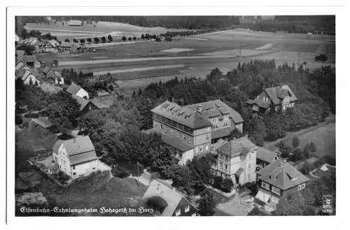 AK, Hohegeiß Harz, Teilansicht mit Eisenbahn-Erholungsheim, Luftbild, um 1938