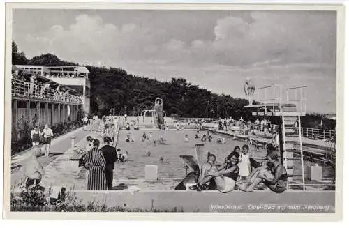 AK, Wiesbaden, Opelbad auf dem Neroberg, belebt, um 1938