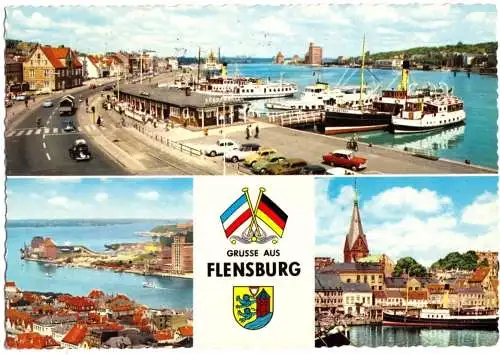 AK, Flensburg, drei Abb., gestaltet, u.a. Fürderbrücke, 1966