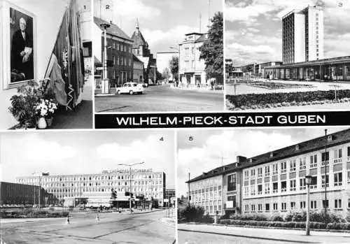 AK, Wilhelm-Peick-Stadt Guben, fünf Abb., u.a. Schule, 1979