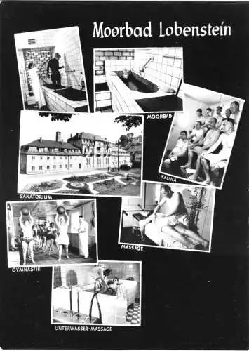 AK, Moorbad Lobenstein, sieben Abb., gestaltet, Anwendungen des Moorbades, 1975